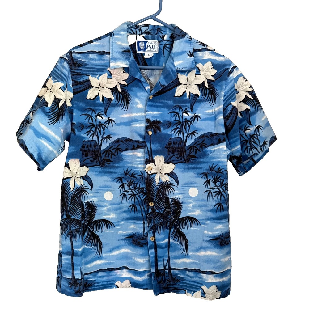 Vtg RJC Hawaiian Shirt‎ Mens L Blue Island Tropical Palm Tree Cotton Aloha Tiki